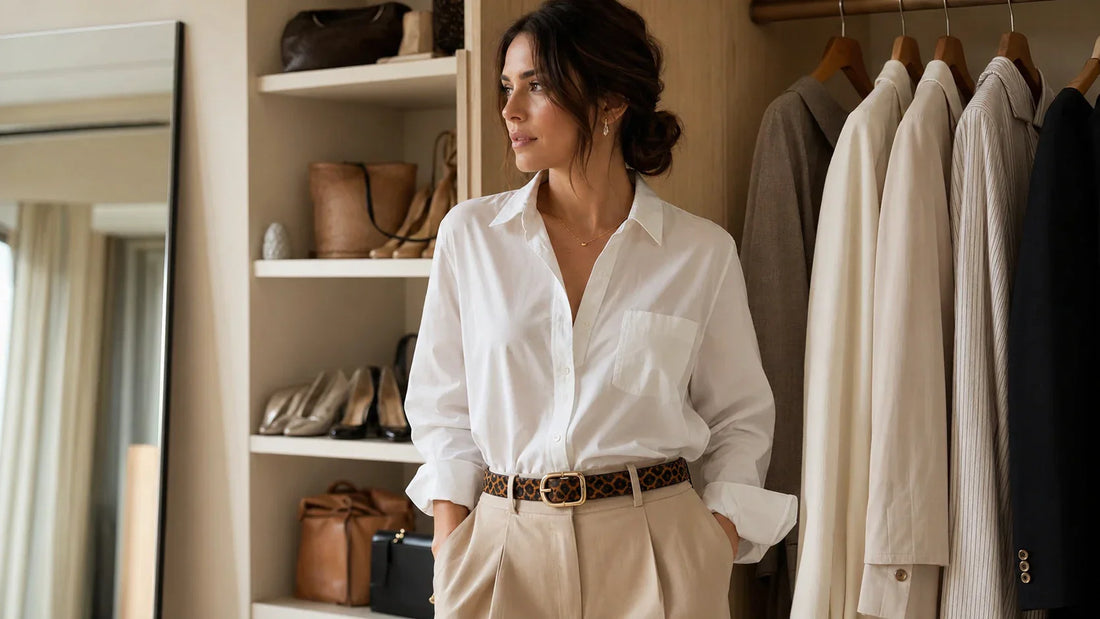 Woman styling an animal print belt with neutral trousers in an editorial wardrobe setting