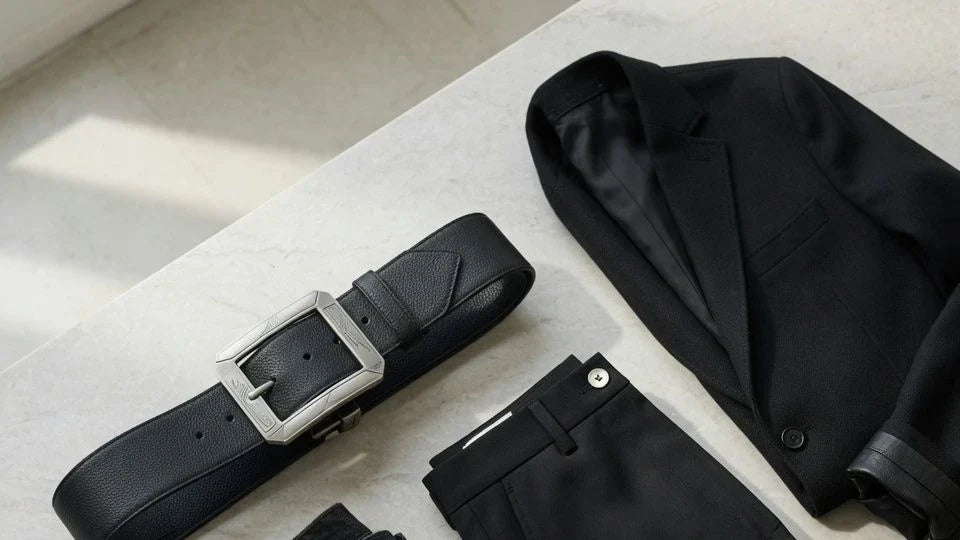 Editorial scene showing a dark statement belt styled with black denim and tailored wardrobe pieces