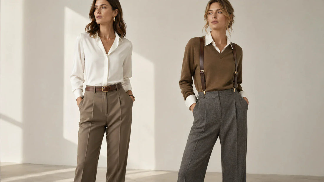 Two women's trouser outfits comparing a simple leather belt with suspenders for styling balance
