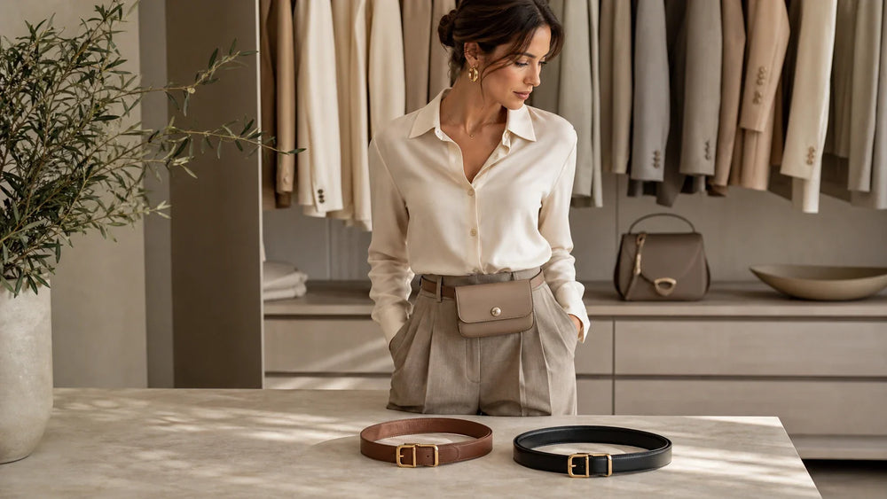 Woman comparing a belt bag outfit with and without a leather belt at the waist