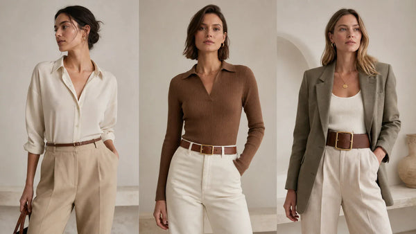 Women's outfits comparing slim, medium, and wider belts with different buckle shapes