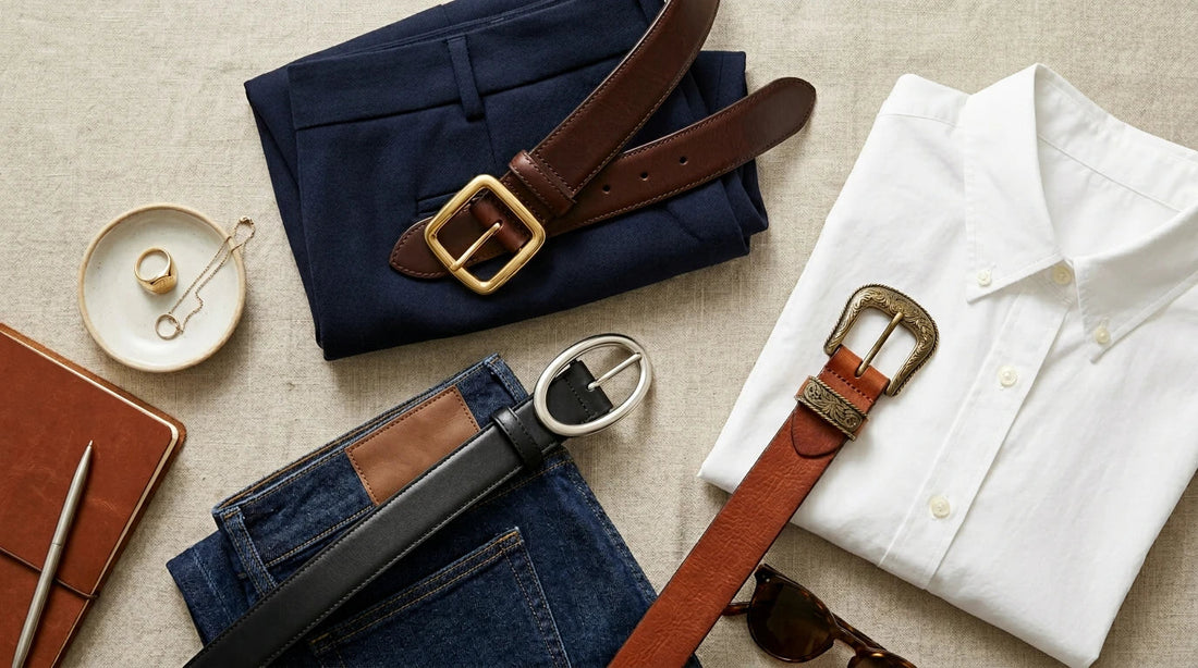 Women’s leather belts with different buckle styles arranged for a belt buckle guide