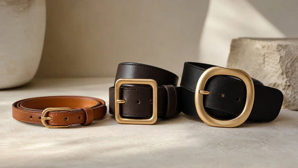 Three women's belts with different buckle sizes and shapes shown side by side for comparison