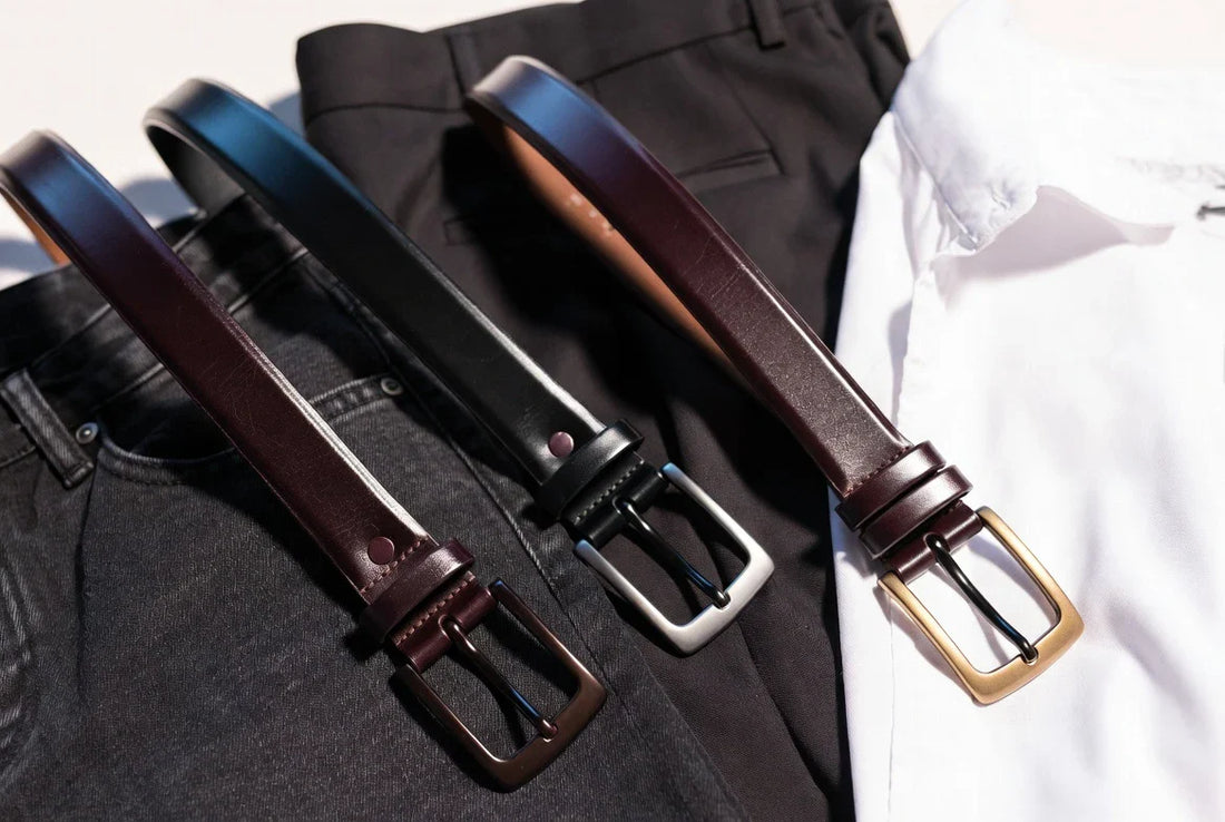 Editorial belt dressing layout with leather belts, denim, and tailored trousers