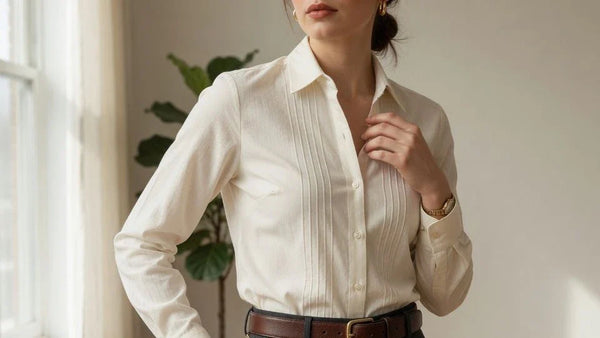 Woman wearing a leather belt with tailored trousers and a tucked blouse, showing balanced outfit proportion