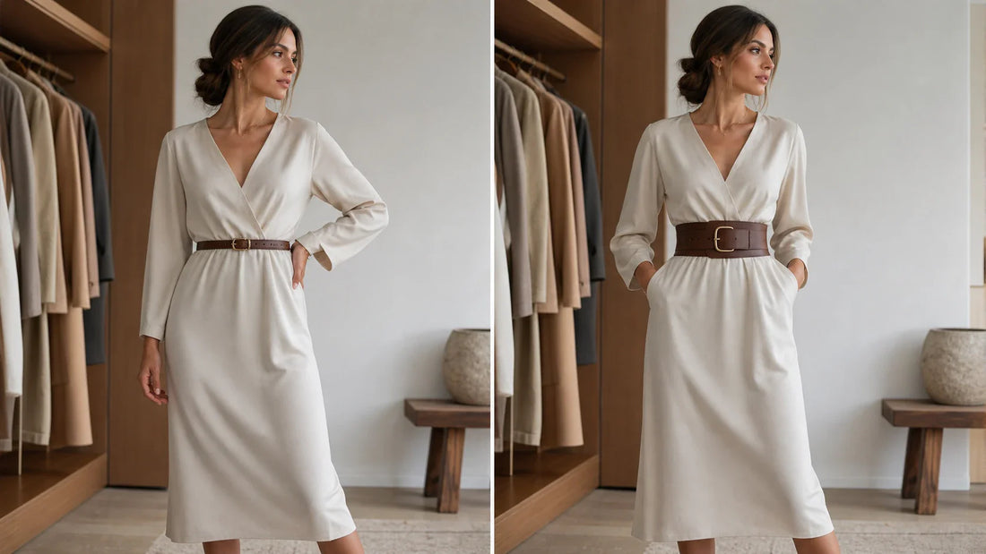 Woman comparing two belt options with a midi dress to check width and outfit balance