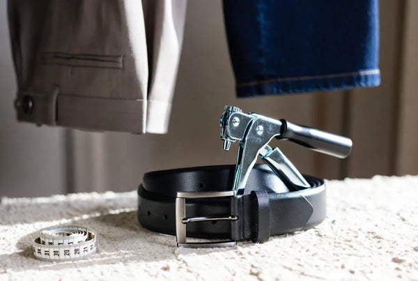 Leather belt, belt hole puncher, and measuring tape arranged for a belt fit check