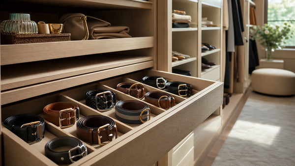 Women's belts arranged neatly in a premium closet organizer with different widths and buckle styles visible