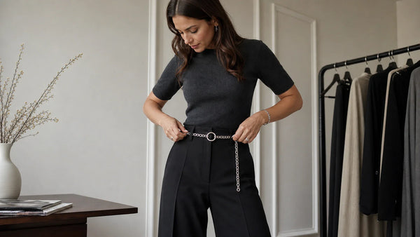 Woman styling a silver chain belt with high-rise black trousers and a simple top