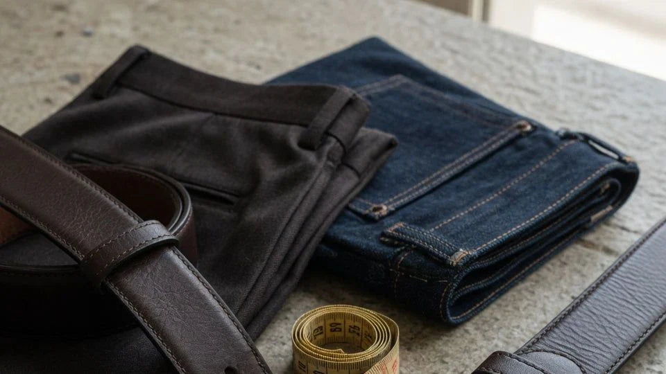 Leather belt size guide editorial scene with trousers, denim, and measuring tape