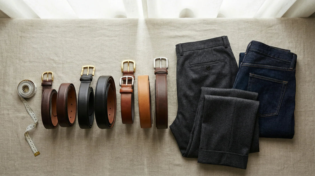 Leather belts arranged with a measuring tape for a guide explaining belt sizes