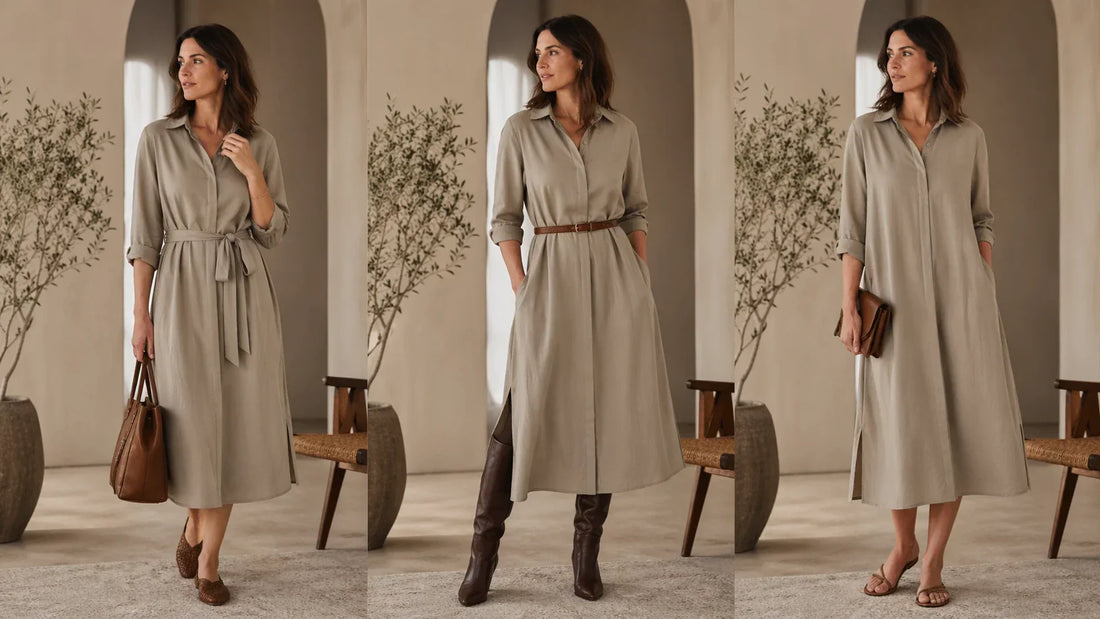 A belted dress styled with its original tie belt, a slim leather belt, and no belt for comparison