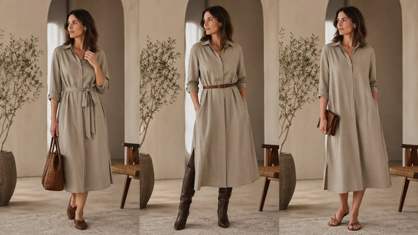 A belted dress styled with its original tie belt, a slim leather belt, and no belt for comparison