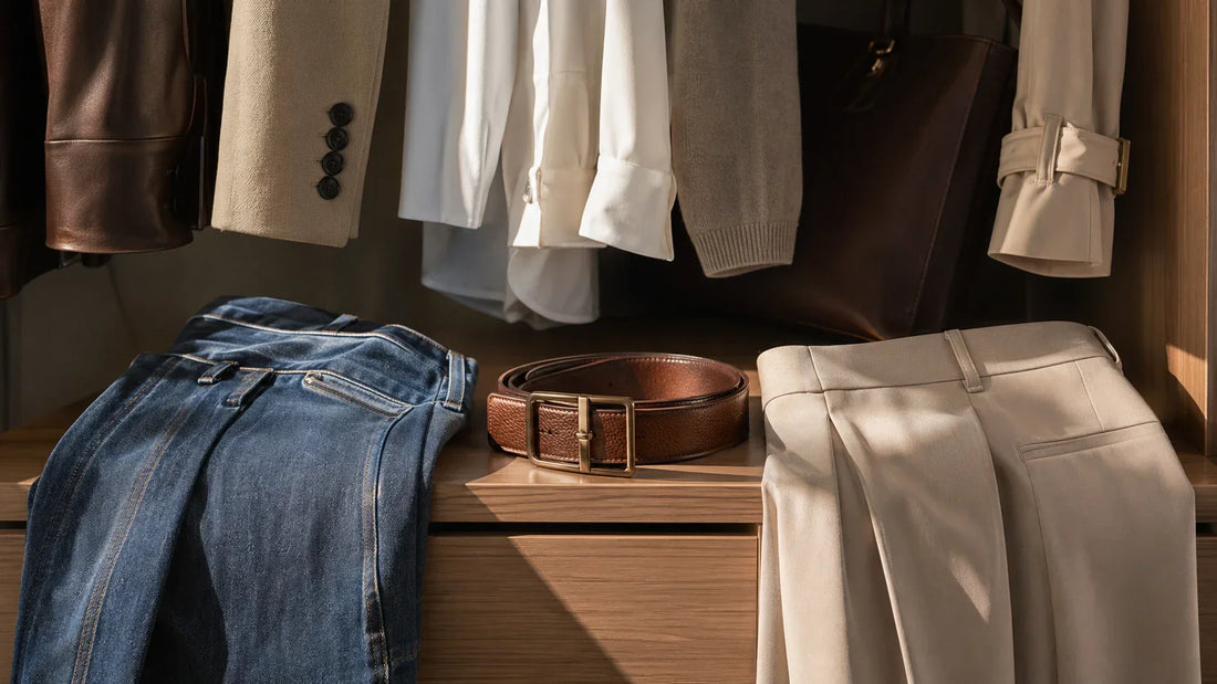 Women's textured leather belt styled with denim and tailored trousers for a fit and style comparison