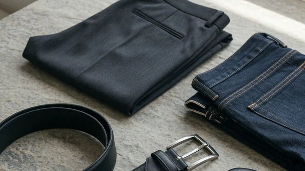 Editorial black belt styling scene with dark tailoring and denim essentials
