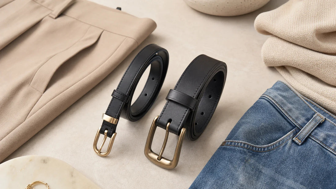 Two black belts styled with trousers and jeans to show slim and medium-width options