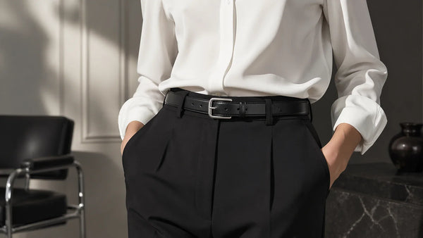 Women's polished black dress belt styled with tailored trousers and a tucked shirt