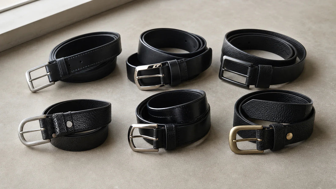 Editorial view of black leather belts with different finishes and leather textures
