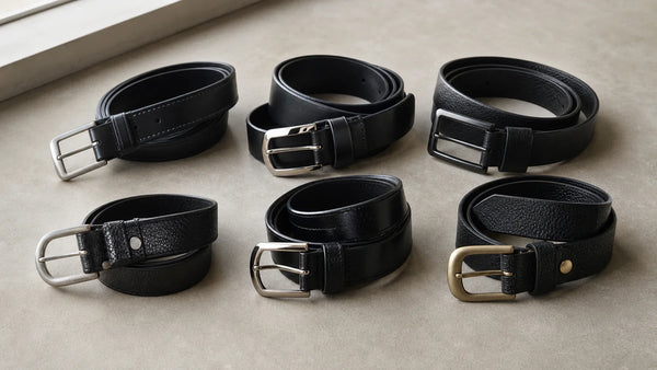 Editorial view of black leather belts with different finishes and leather textures