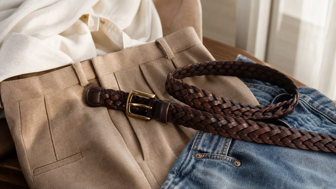 Women's braided leather belt styled with tailored trousers and denim in an editorial wardrobe scene