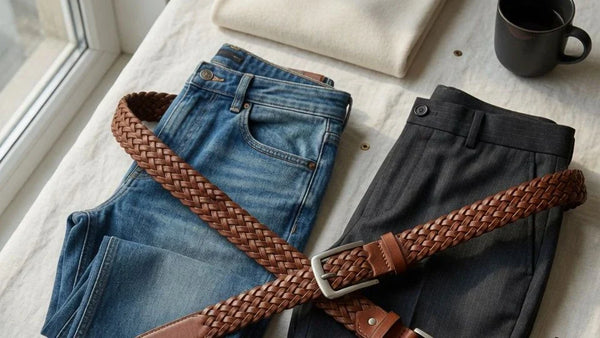 Women's braided leather belt styled with denim and tailored trousers in an editorial wardrobe setting