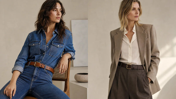 Two women's outfits showing how a brown belt looks with denim and tailored trousers