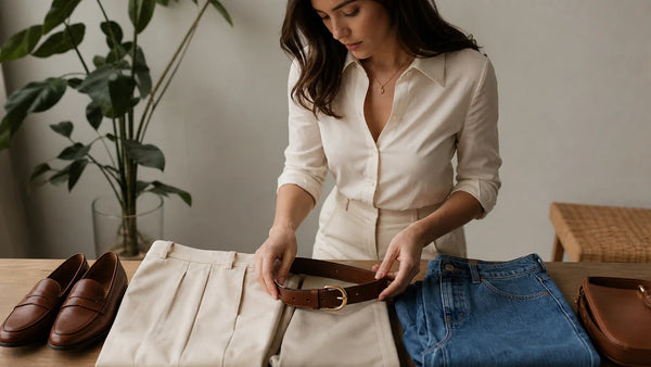 Woman comparing a brown leather belt with denim and tailored trousers