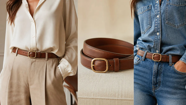 Brown leather belt styled with trousers and denim to show tone, finish, and width
