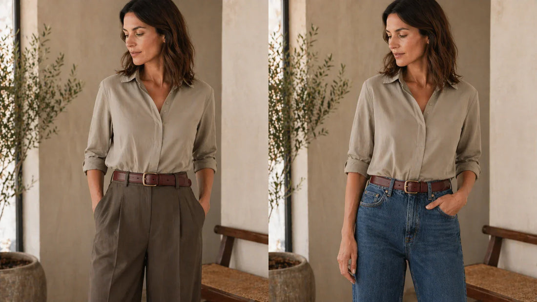 Burgundy belts in different widths shown against denim and tailored trouser belt loops