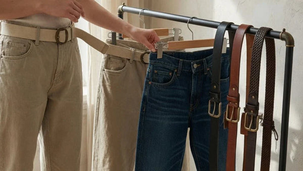 Woman comparing a canvas belt with other belt options for casual outfits