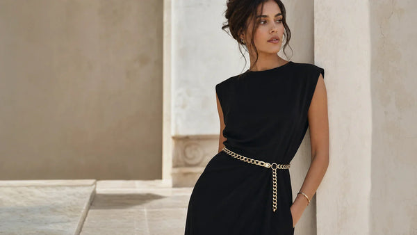Woman wearing a chain belt over a simple dress to show waist placement and drape