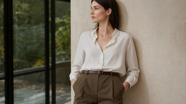 Woman wearing a low profile belt with tailored trousers to show slim width and small buckle proportion