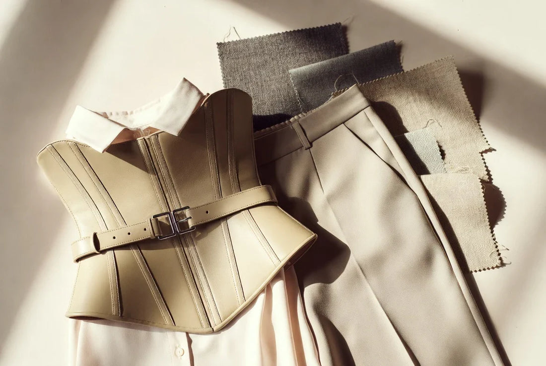Structured corset belt styled with tailored wardrobe pieces in a premium editorial setting