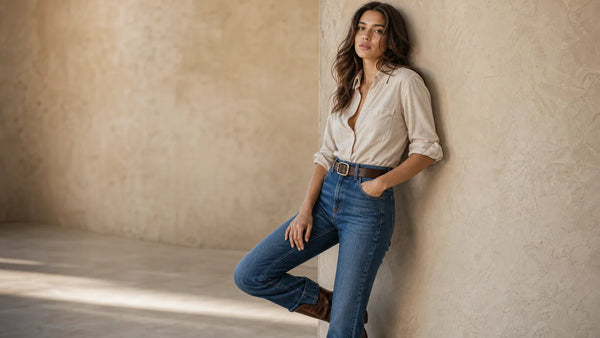 Woman wearing a western-inspired leather belt with high-rise jeans and a tucked shirt