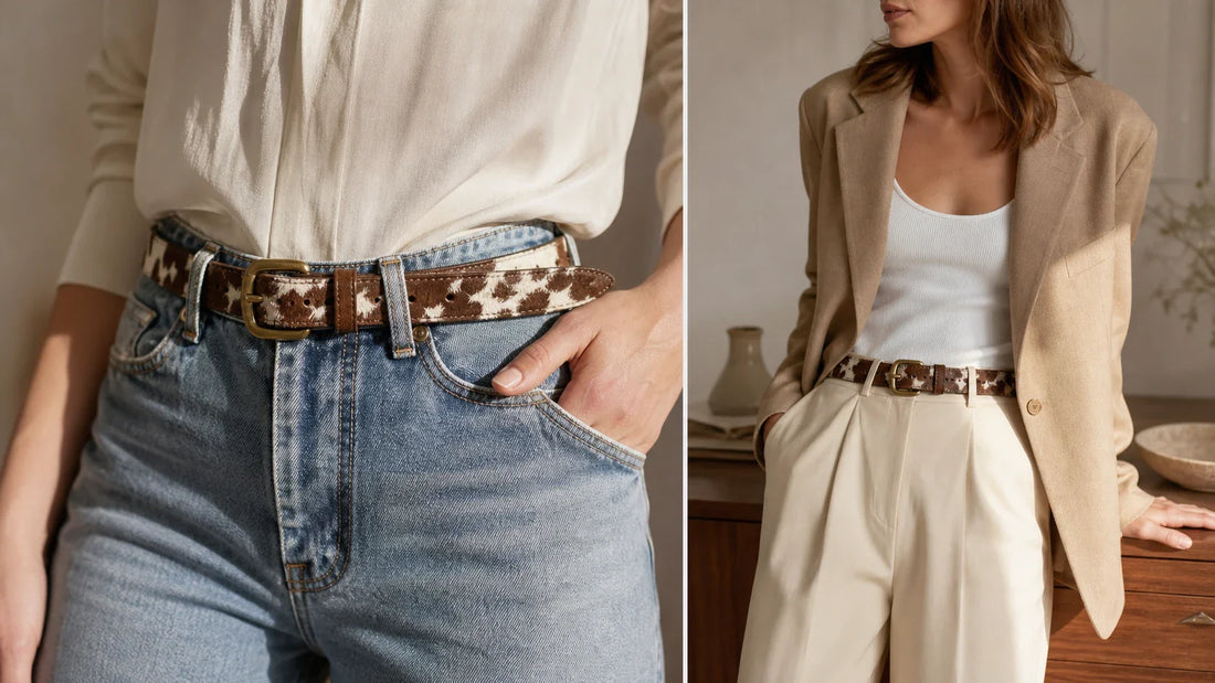Women's cowhide belt styled with denim and tailored trousers in an editorial wardrobe setting