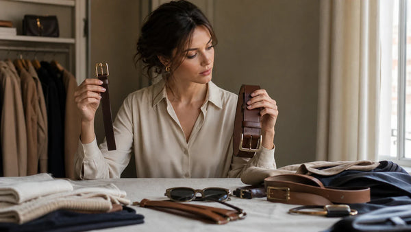 Woman comparing slim and wide leather belts before choosing a custom belt