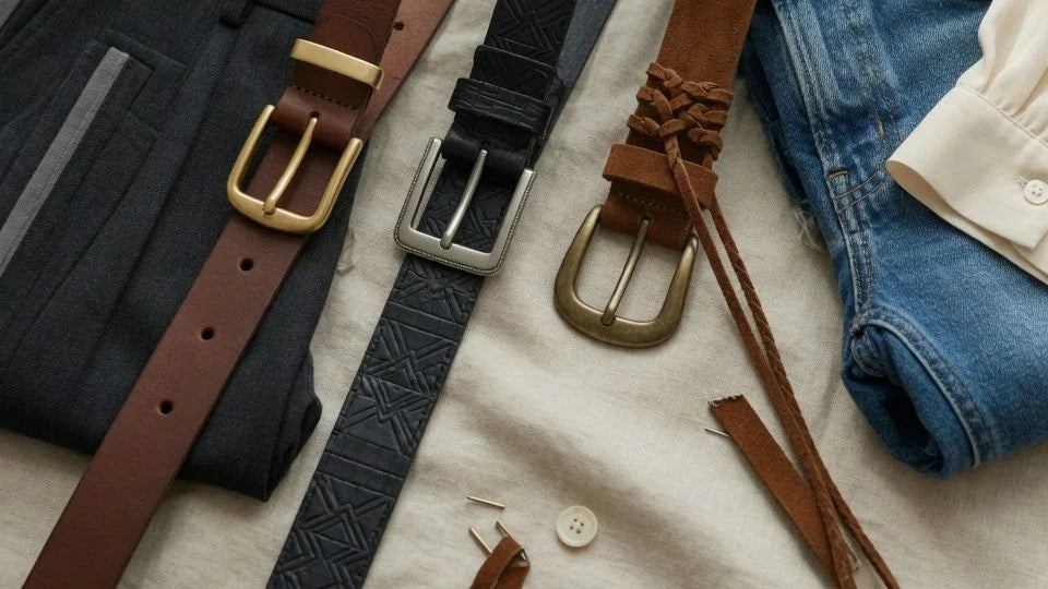 Custom leather belts in smooth, embossed, and suede finishes styled with dress and casual outfits