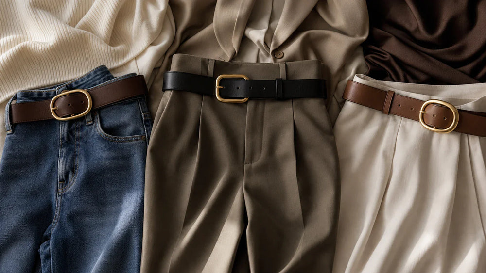 Women's belts styled with denim, trousers, and a skirt for a cute belt decision guide