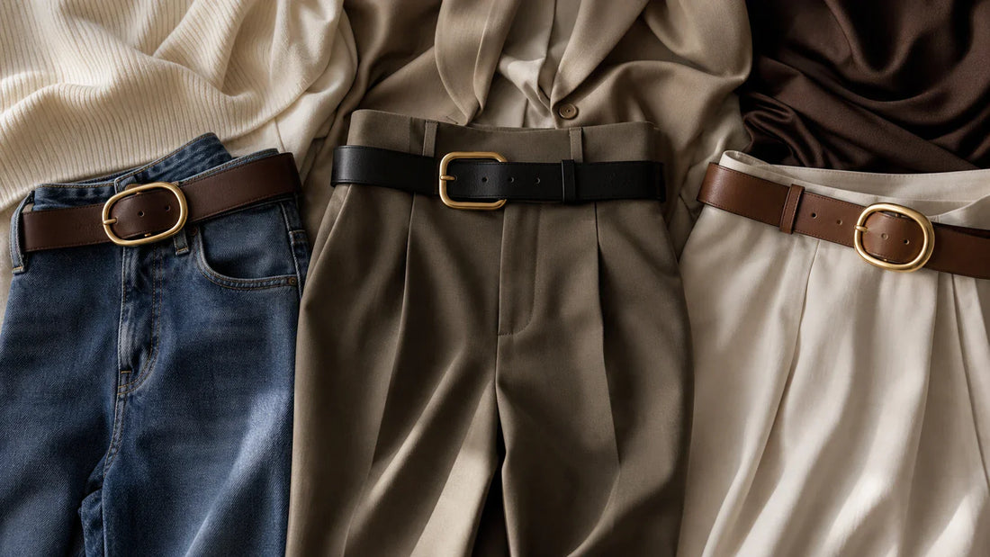Women's belts styled with denim, trousers, and a skirt for a cute belt decision guide