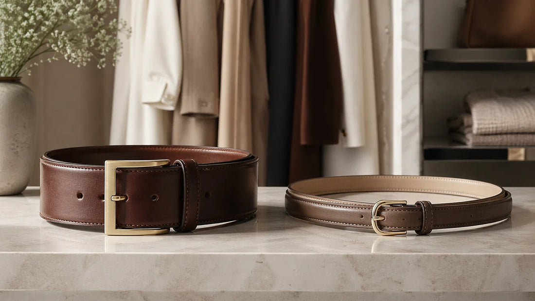 An editorial wardrobe comparison scene in 16:9 format showing two premium leather belts side by side, one wider and more structured and one slimmer with a refined buckle, soft natural light, premium materials, realistic leather grain, no text