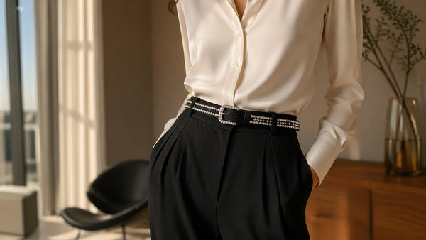 Woman styling a diamond-look belt with tailored trousers and a simple blouse