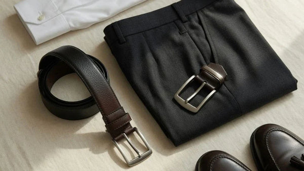 Editorial flat lay of premium dress belts with tailored wardrobe pieces