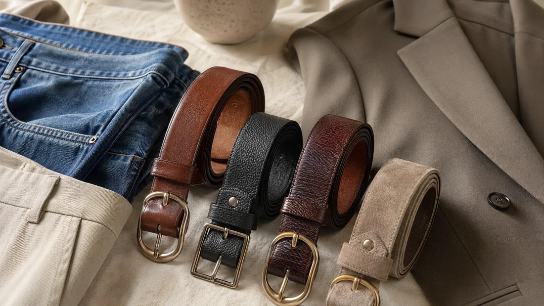 Leather belts for women displayed with denim and tailored clothing to show differences in finish and structure