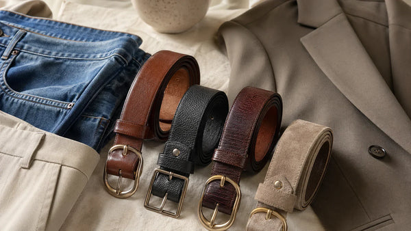 Leather belts for women displayed with denim and tailored clothing to show differences in finish and structure