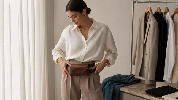Woman comparing how a compact belt bag sits at the waist with different outfits