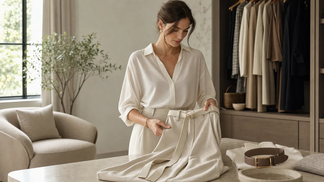 Woman comparing a soft fabric belt with a more structured belt for different outfits