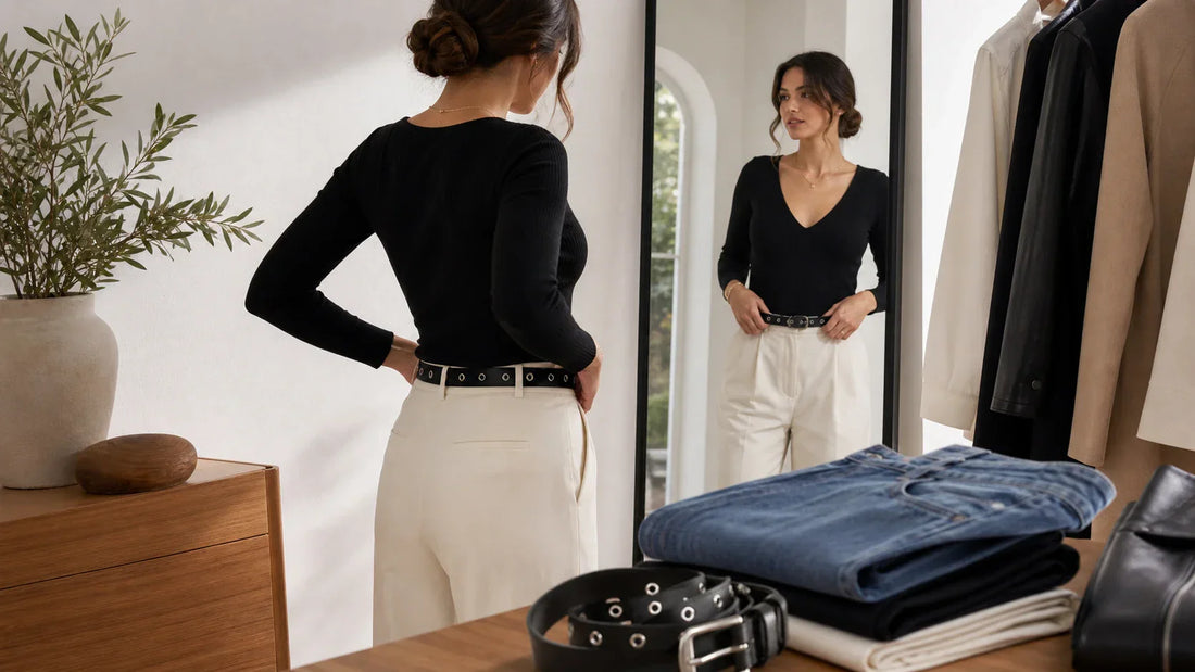 Woman comparing grommet belt fit for jeans and trousers with the belt placed at different waist positions