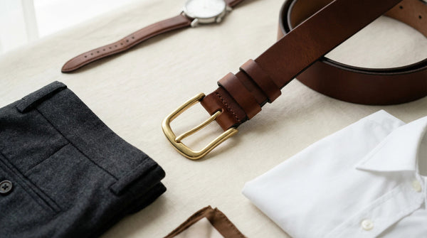 Leather belt and buckle detail arranged for a guide on how to put on a belt buckle