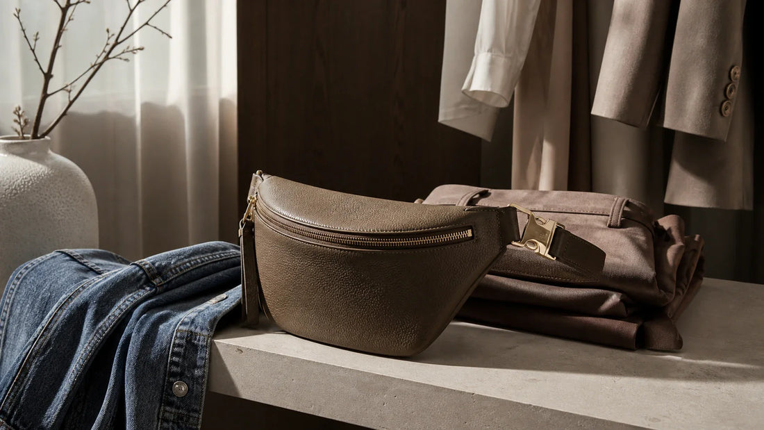 Women's leather belt bag in an editorial setting showing different leather finishes and hardware