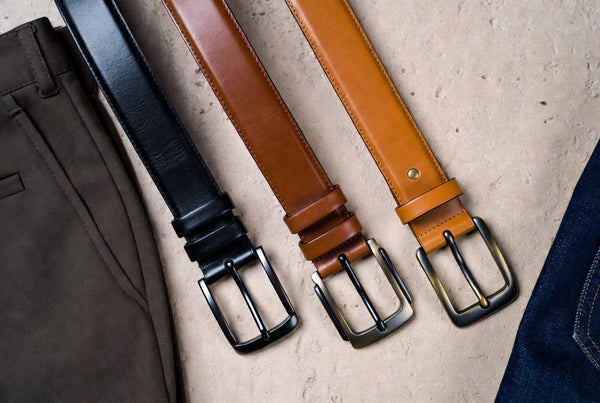 Leather belt guide showing different leather finishes, grain texture, and belt stiffness